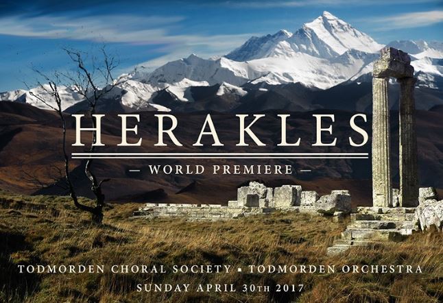 Poster for the World Premiere of Herakles with twin peaked mountain and ruins
