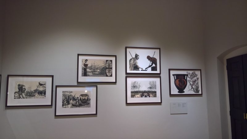 Prints from the Odyssey of Captain Cook series on display.