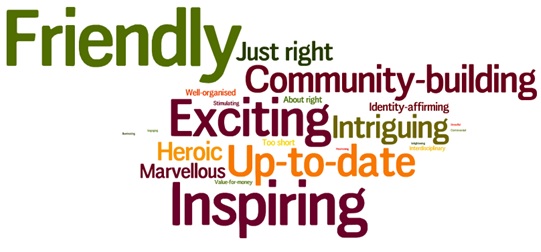 Wordle of conference feedback emphasising that the conference was friendly and community-building as well as inspiring, exciting and up-to-date